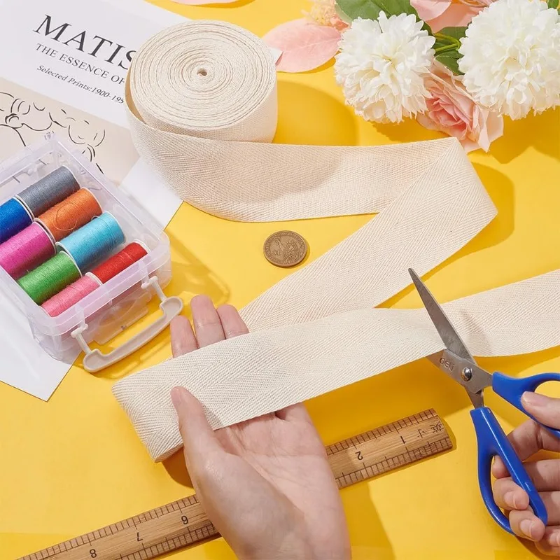 1 Roll Cotton Twill Tape Ribbon Beige Herringbone Cotton Ribbon Webbing Soft Natural Webbing Tape Roll for DIY Craft Sewing