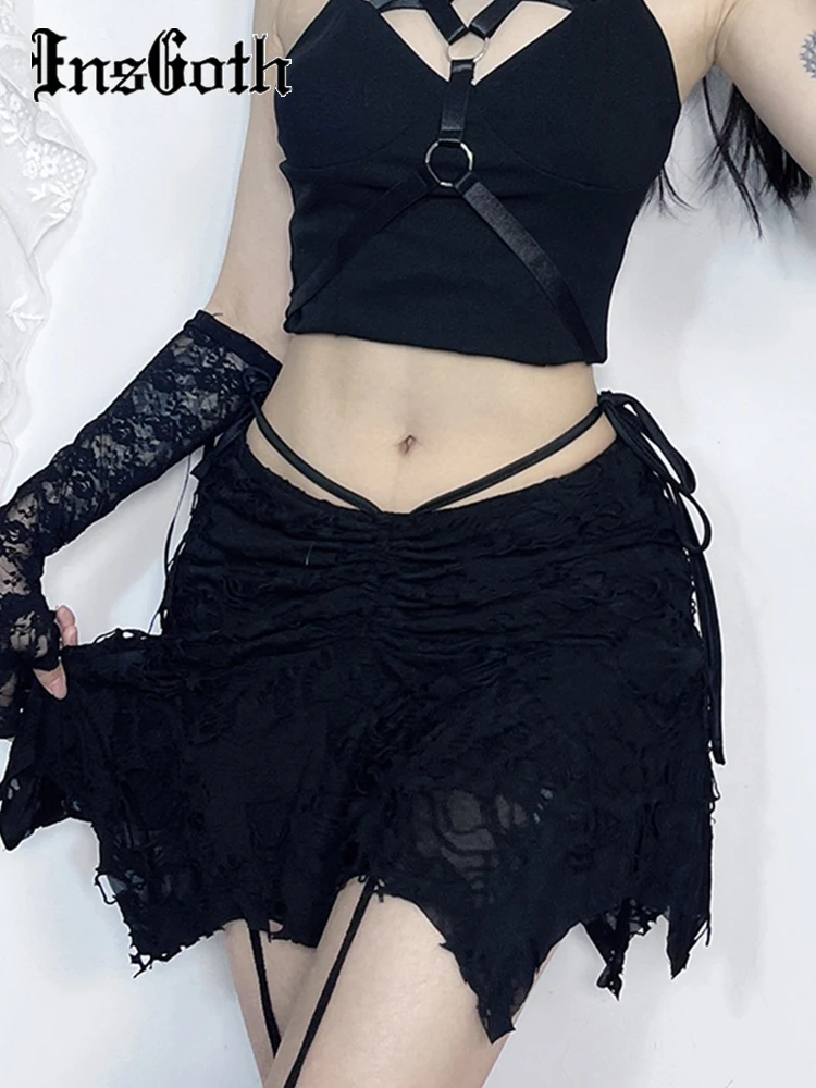 

InsGoth Gothic Hole Irregular Skirt Women Grunge Aesthetic Mall Goth Ruffle Lace-Up Mini Skater Skirts 2000s E Girl Fairy Cloth