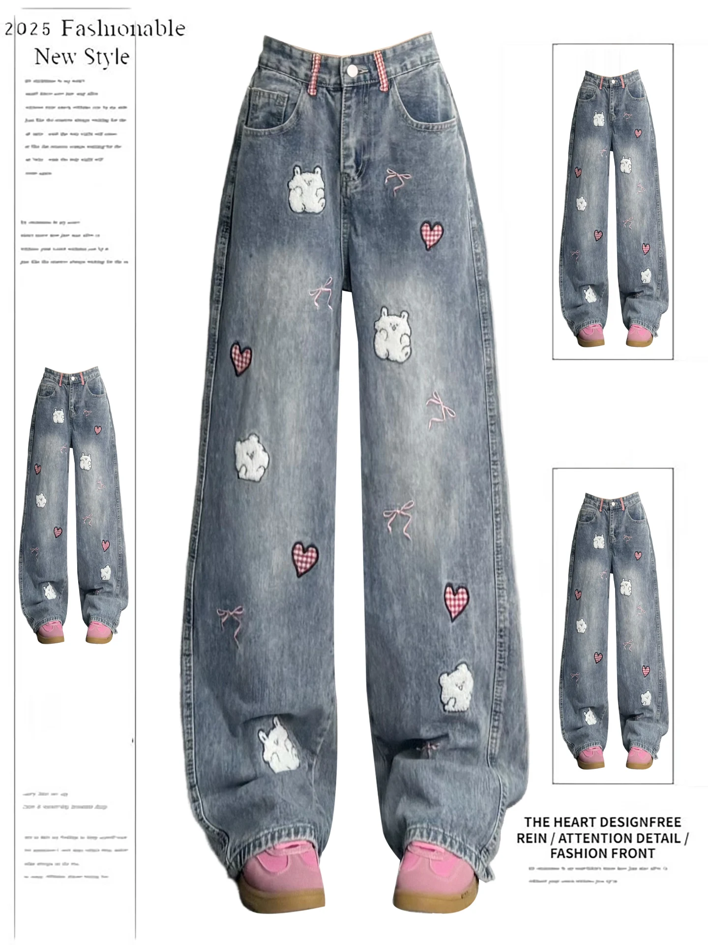 

Retro American Cartoon Embroidery Loose Wide Leg Jeans Women's Autumn Winter New Sle Casual Straight Leg Pants