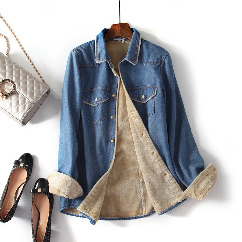 

Women Blouses Single Breasted Blouse Denim Shirts Spliced Buttons Turn Down Collar Cardigan Solid Pockets Loose Fit Casual