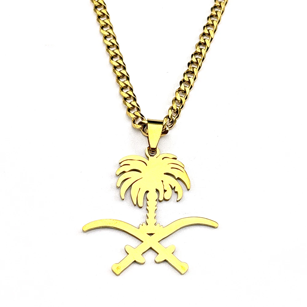 Saudi Arabia National Emblem Palm Tree Crossed Ali Sword Pendant Necklace Stainless Steel Gold Color Islamic Arab Chain Jewelry - view 2