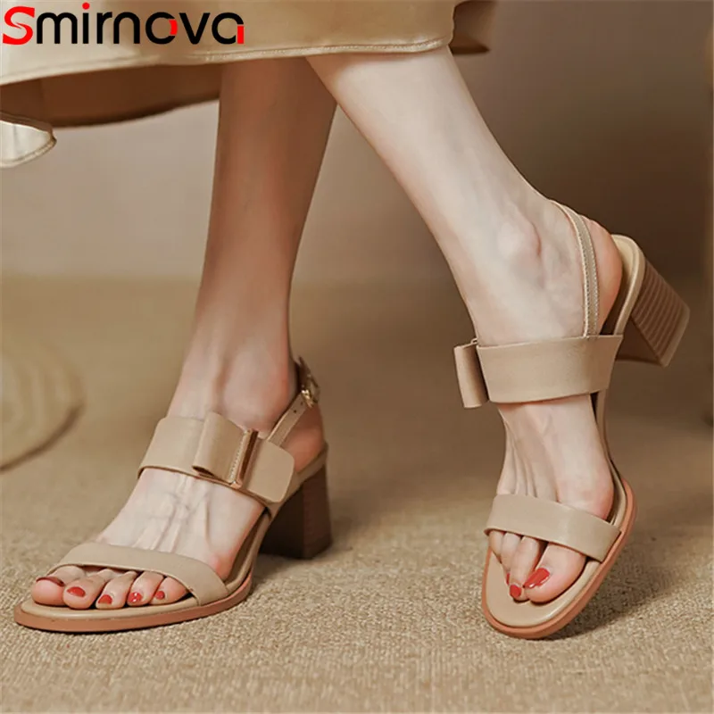 

Smirnova 2022 New Buckle Strap Thick Med Heels Retro Shoes Solid Sheepskin Women Sandals Popular Ladies Dress Shoes