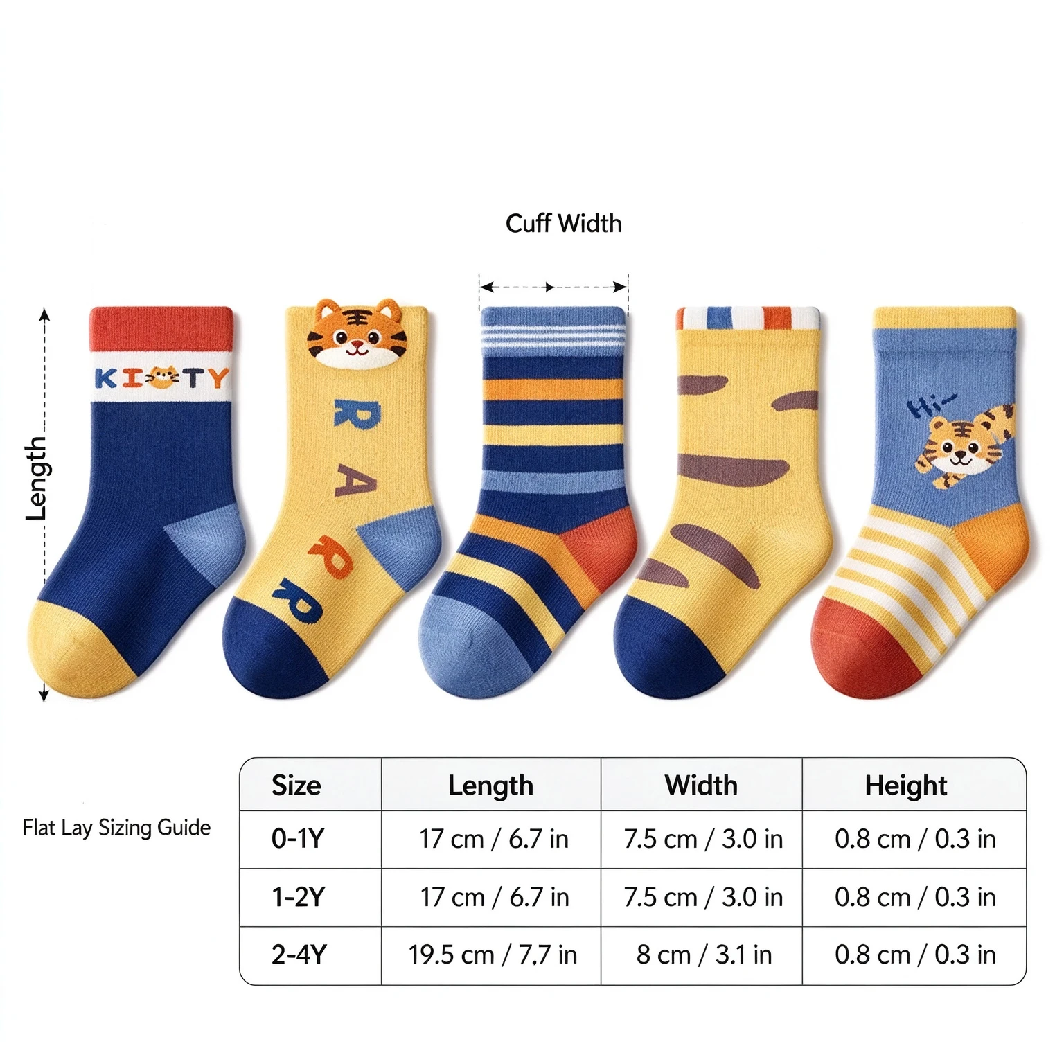 5 Pairs Kids Mid-Calf Socks Cute Tiger Cartoon Boys Socks Soft Breathable Striped Pattern Toddler Socks for 0-4Y