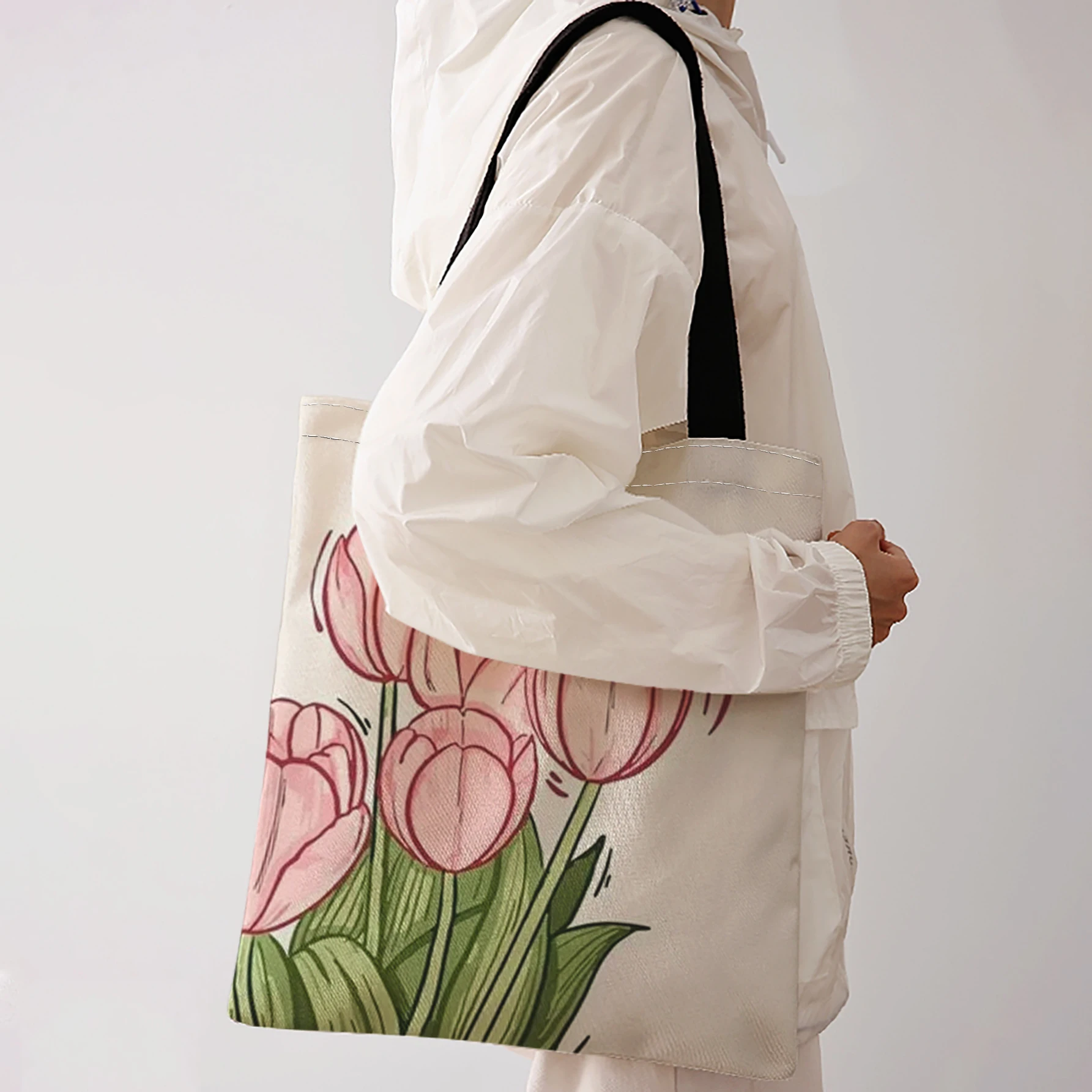 Hand Drawn Pink Tulip Floral Print Tote Bag Large Capacity Shoulder Bag For Shopping Travel Daily Use