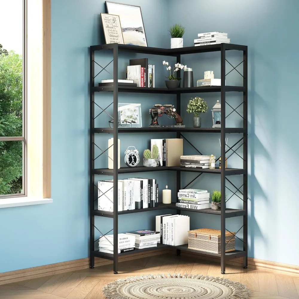 

6-Shelf Corner Bookshelf, Vintage Industrial Etagere Bookcase, Large Book Shelf With Metal Frame Open Storage Cabinet (Black, Sm