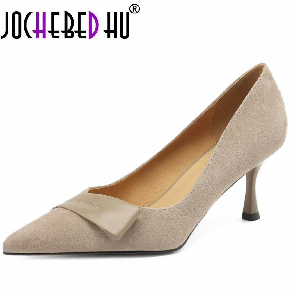 【JOCHEBED HU】Women's genuine leather patchwork thin high heel pointed toe pumps elegant ladies daily dress heeled shoes for