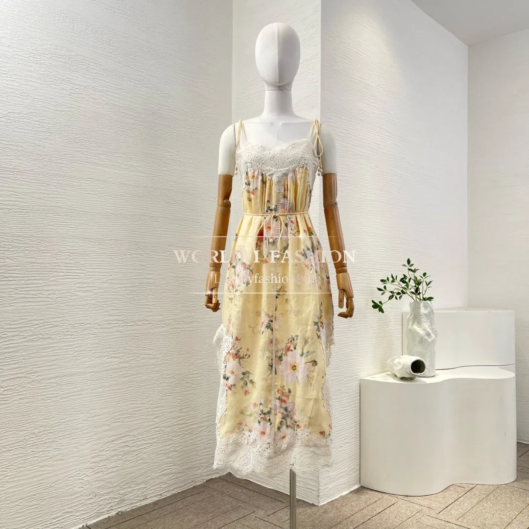 린넨 2025 고품질 노란색 플로럴 프린트 민소매 레이스 패치워크 백리스 미디 드레스