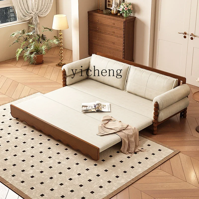 

ZC retro solid wood sofa bed multi-functional folding living room dual-purpose medieval fabric sofa push-pull bed