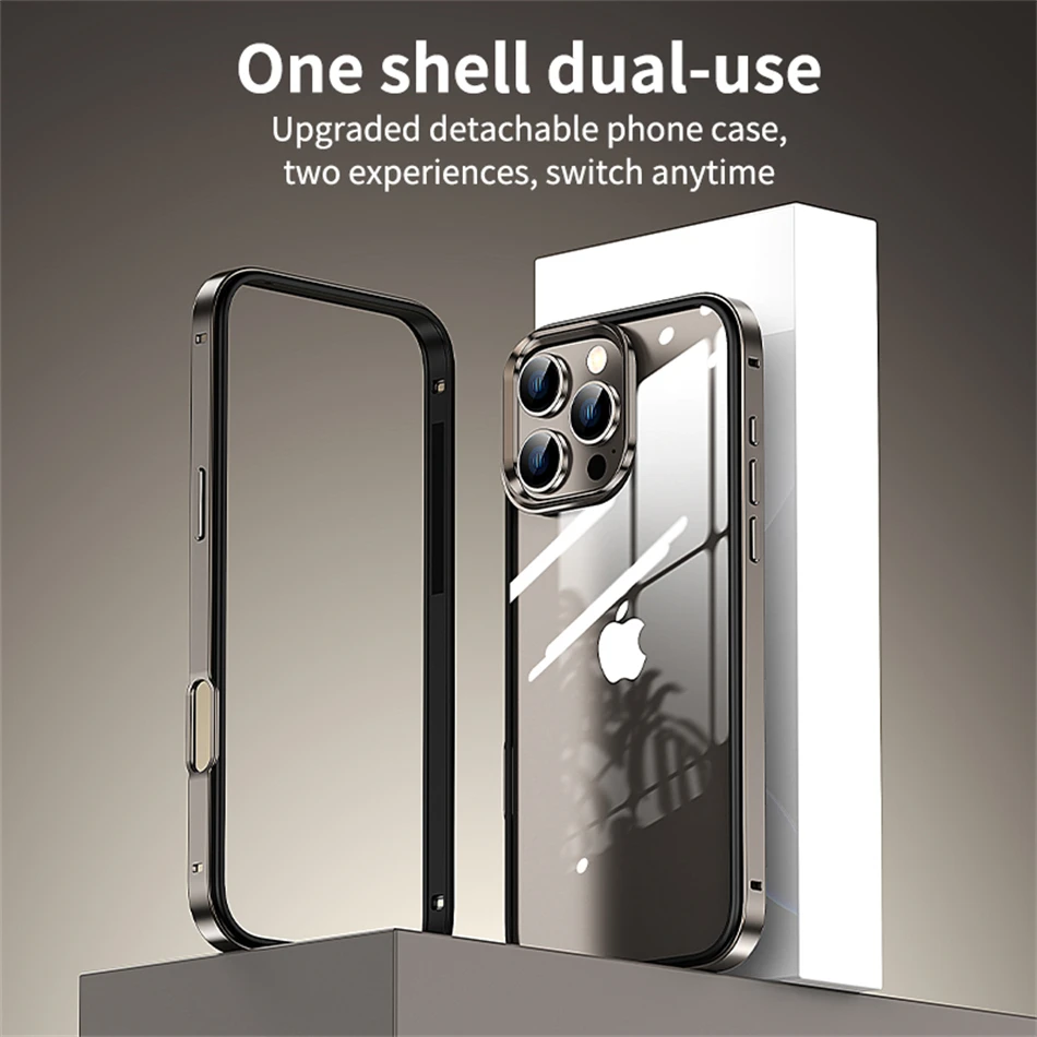 Light Aviation Aluminum Bumper Case For iPhone 12 13 14 15 16 Pro Max Luxury Silicone Frame Detachable 2 IN 1 Clear Back Cover