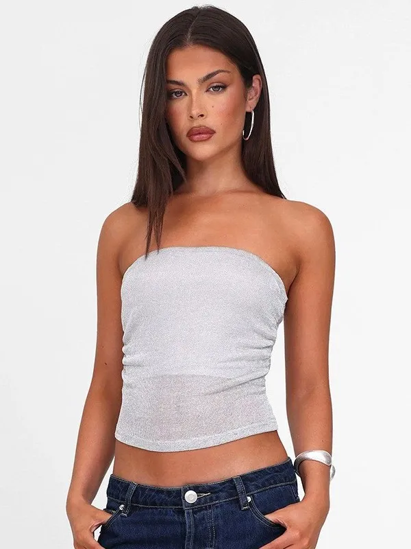 Sexy Patchwork  Color Strapless Top Women's Slim Fit Vest Inner Wear Short Length 3D Effect Thin Model Q25TP191