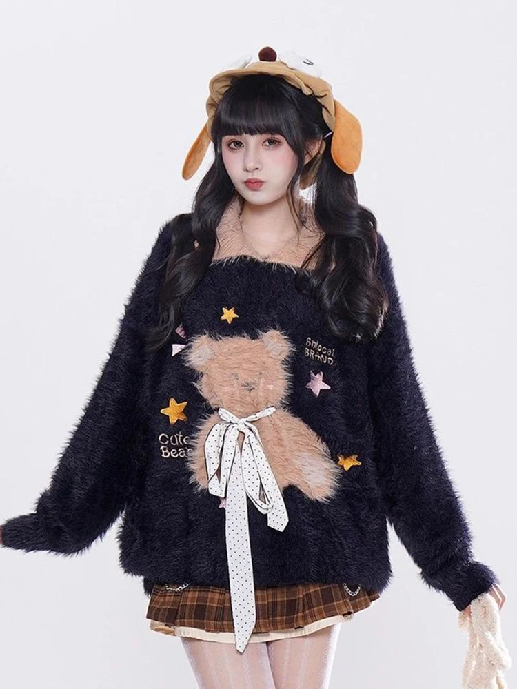 Japan Sweet Bear Kawaii Sweater Women Vintage Faux Mink Cashmere Cute Knitted Jumper Preppy Style Long Sleeve Bow Soft Tops New