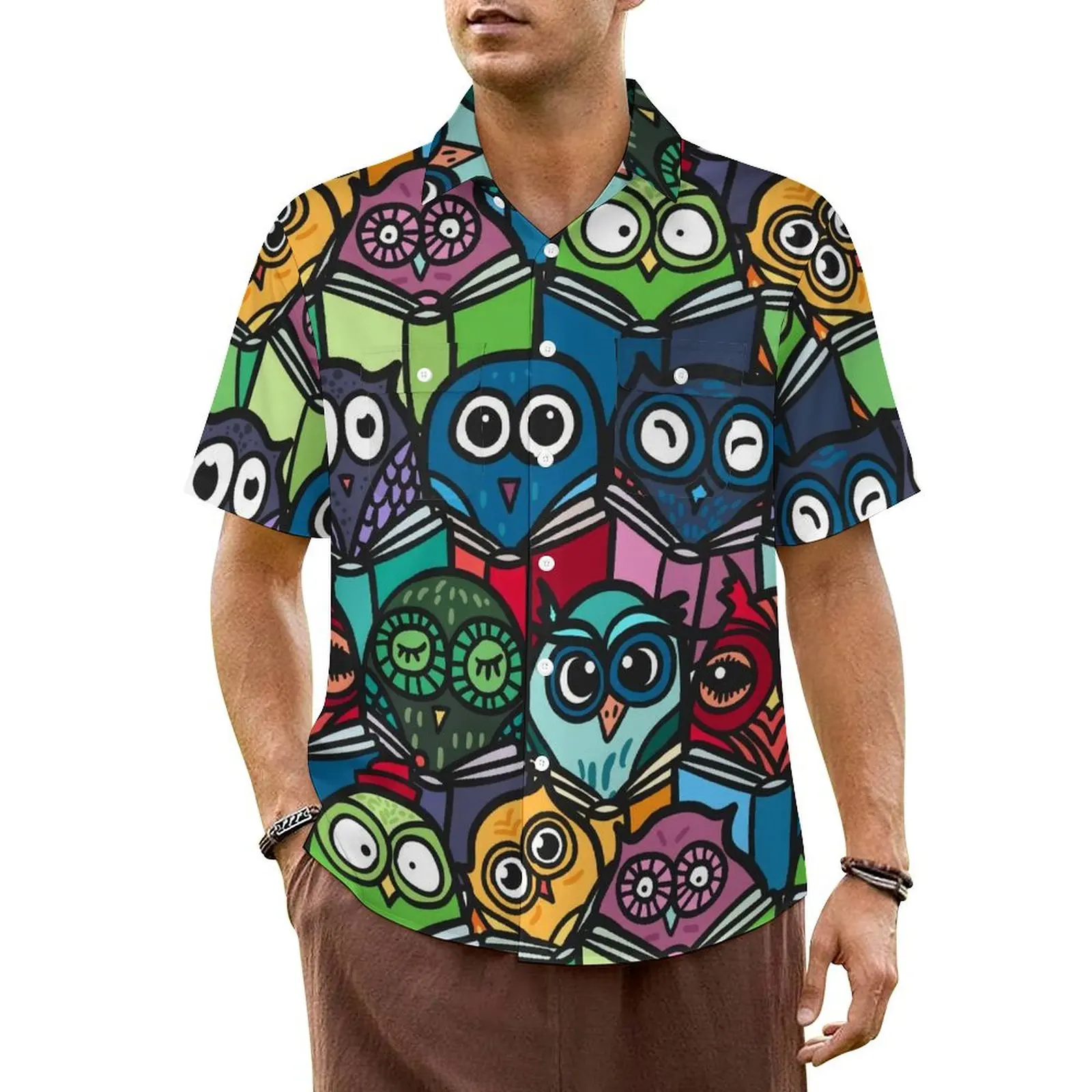 

Cute Owl Print Casual Shirt Colorful Animal Vintage Summer Shirts Man Short Sleeve Vacation Comfortable Design Plus Size Blouses