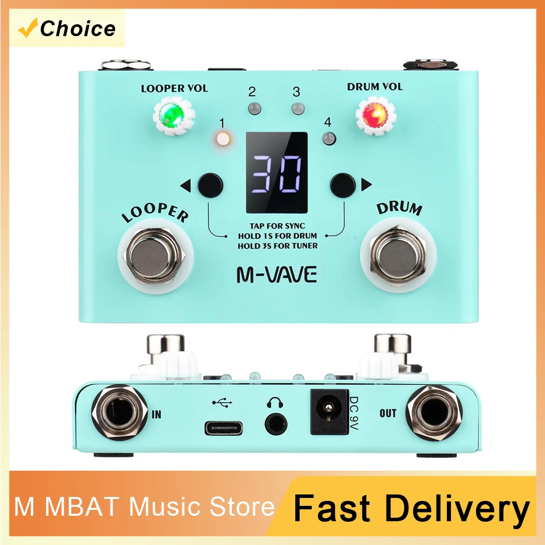 

M-VAVE Lost Tempo V2 Педаль барабанных машин и петлиров Встроенная 30 барабанов 11-х минут Время восстановления Высокоточный тюнер Гитарная педаль