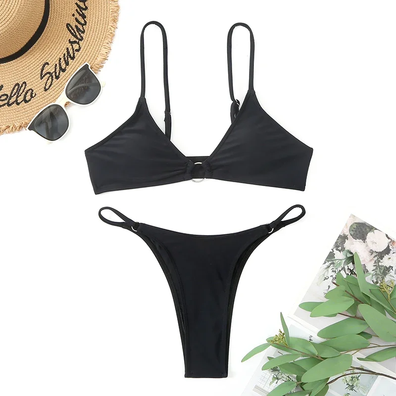 

NEW Women Micro Thong Swimsuit Ring Bathing Suit Biquinis Feminino Bikinis Sexy Black Triangle Bikini Set Swimwear