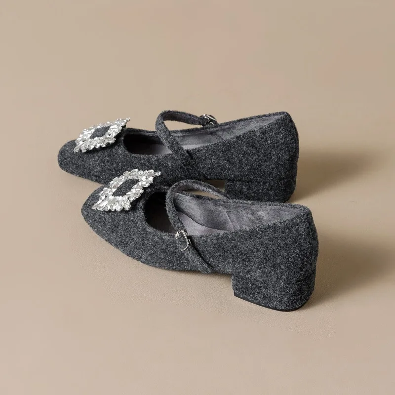 

Fashion Lady French Style Rhinestone Single Shoes Women's Winter Fleece Lined Mary Janes Fur Boots Square Head Casual Loafers