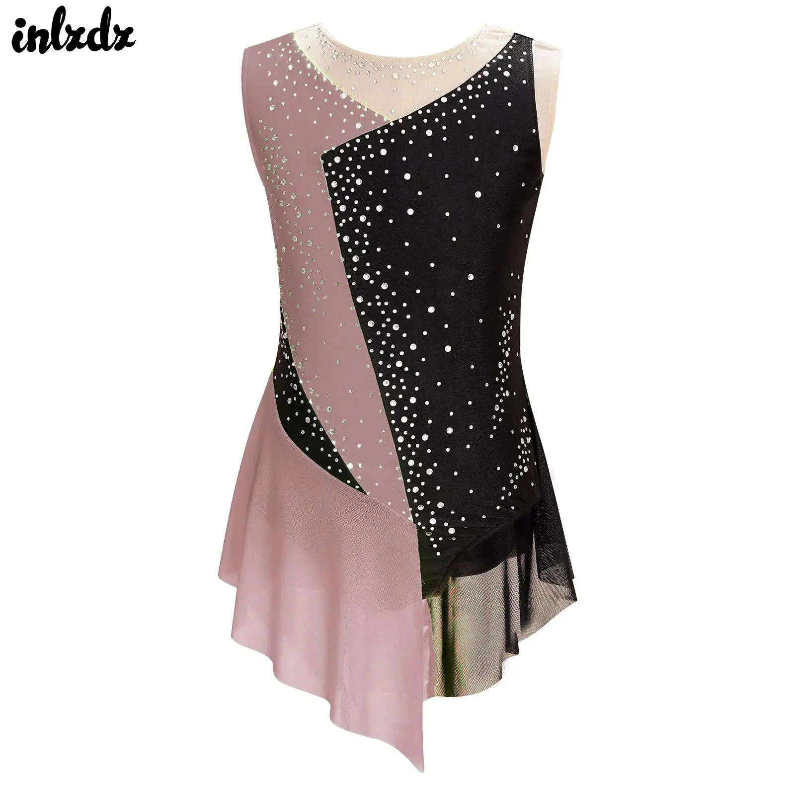 Kid Girls Sparkly Rhinestone Gymnastics Artistic Figure Skating Leotard Dress Sheer Mesh Ballet Jersey Sleeveless Bodysuit