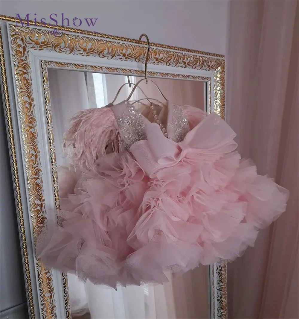 MisShow-vestido de cumpleaños rosa para niña, cuentas brillantes, plumas, lazo, fiesta de noche, vestido de bola esponjoso, niña de flores, niño pequeño