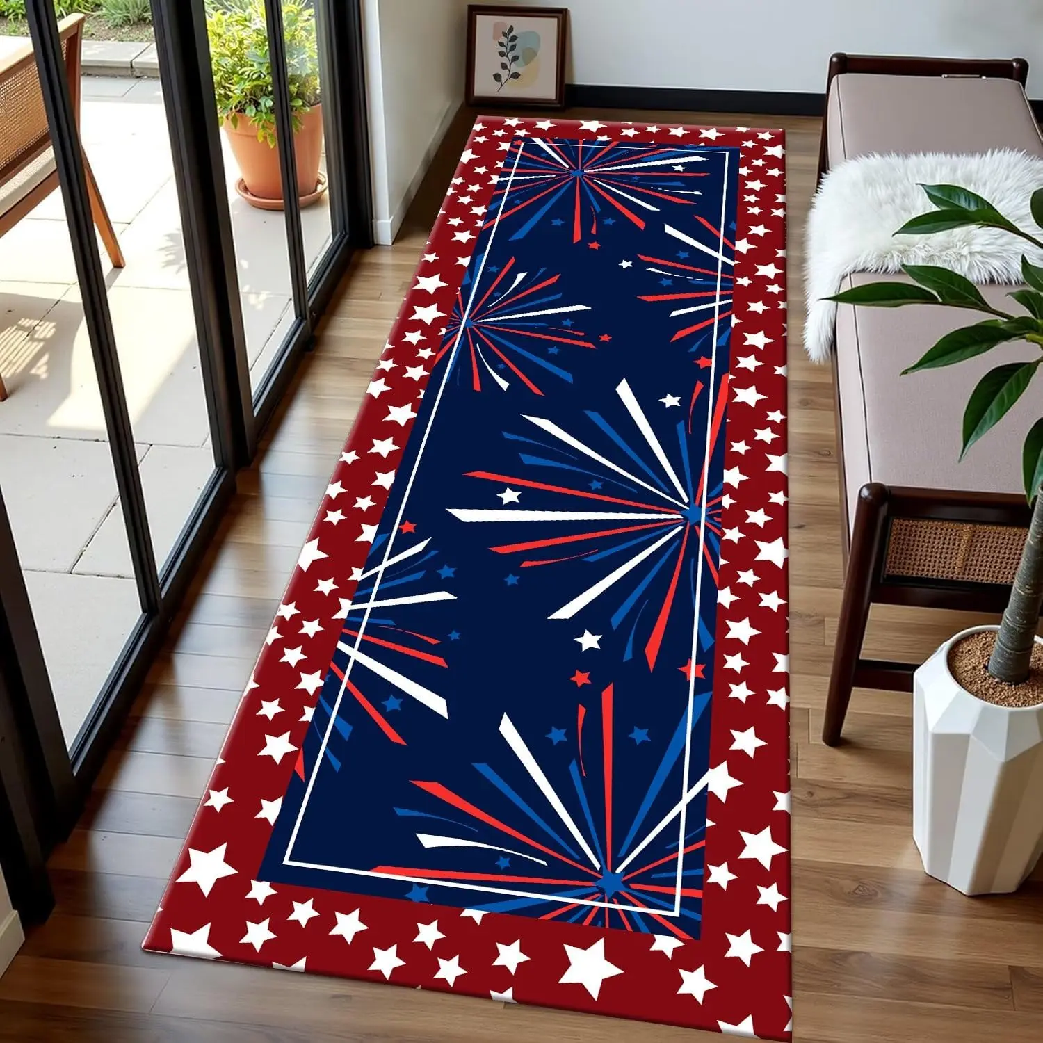 Red White Blue Fireworks Star Stripe Runner Rug Patriotic Design Indoor Mat For Hallway Entryway Living Room Home Decoration