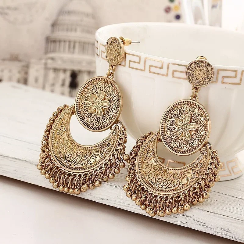 Delysia King Bohemia Women Geometric Alloy Tassels Earring Ethnic Crescent Carving Beads Dangler