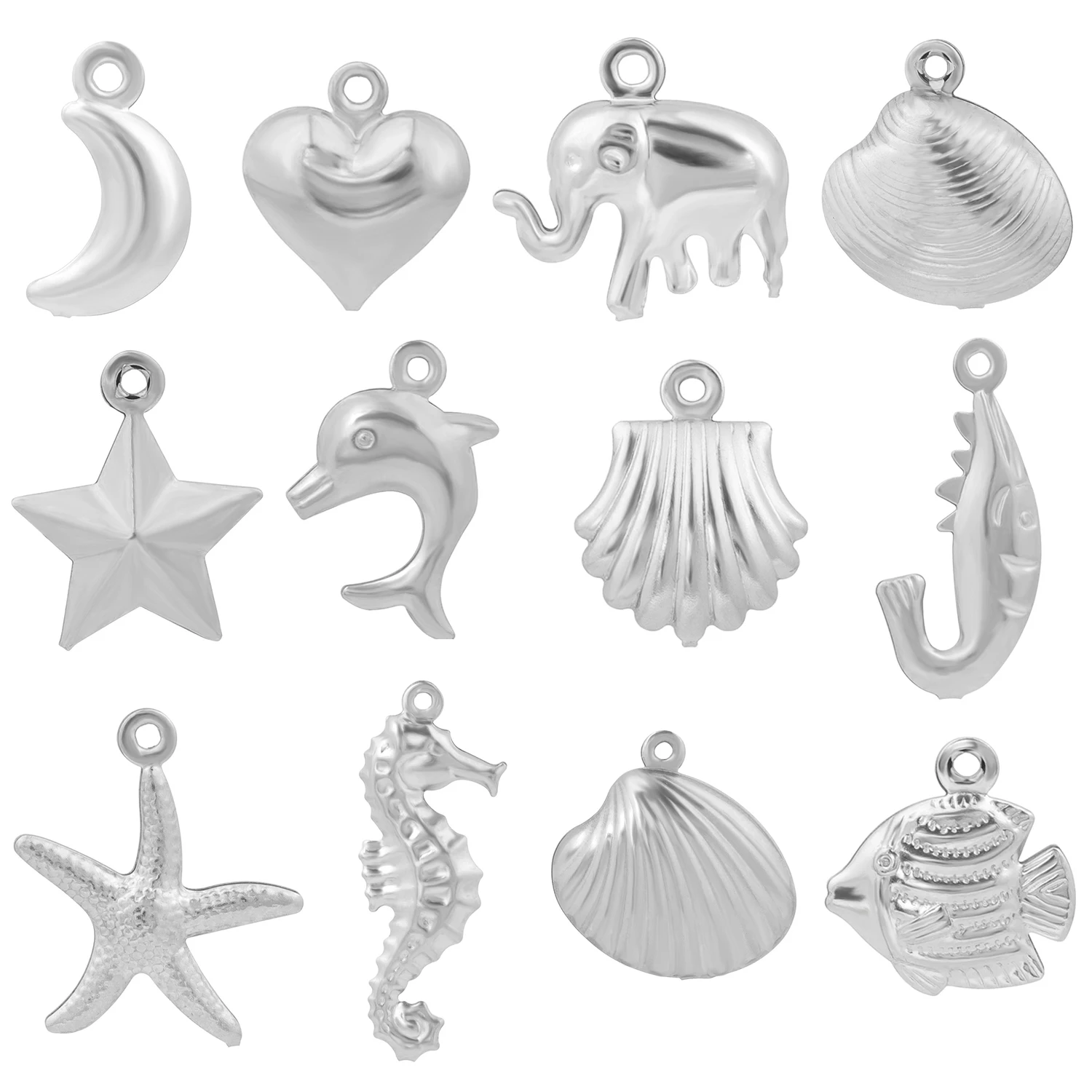 5pcs Silver Color Stainless Steel Pendants Fish Shell Elephant Moon Star Shape Charms For Making Jewelry Diy Accessories