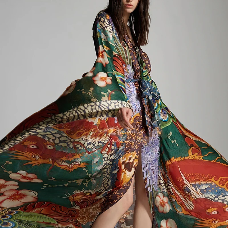 Spring Summer Vacation Loose Lace Up Dresses Batwing Sleeves Design Women's Robe Retro Pattern Printed Chiffon Bikini Cover Up