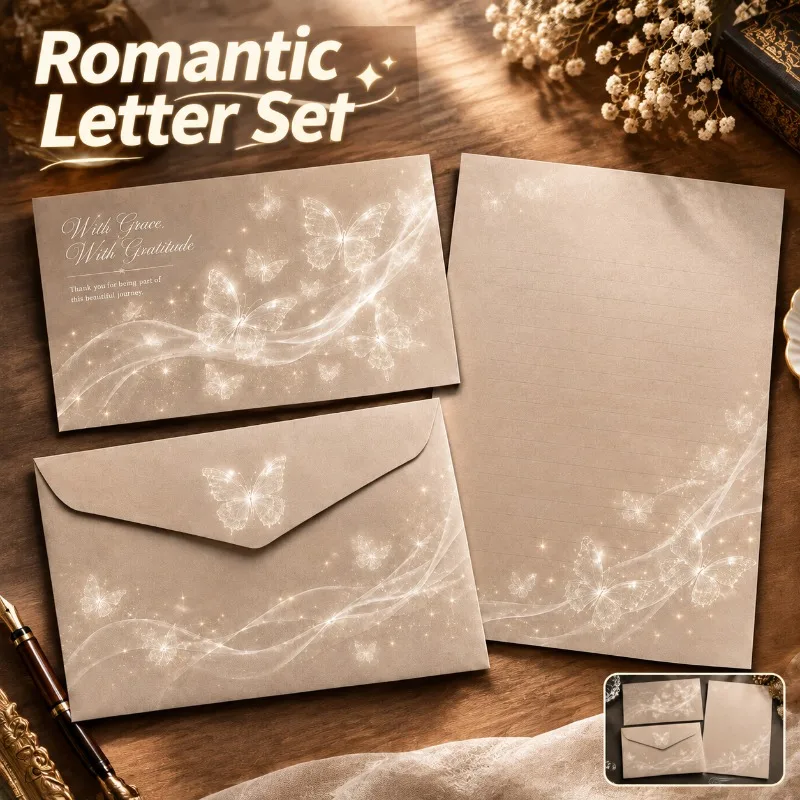 Vintage Coffee Brown Letter Paper Set with Envelope Butterfly Gauze Mist Design Romantic Love Letter Writing Stationery Gift