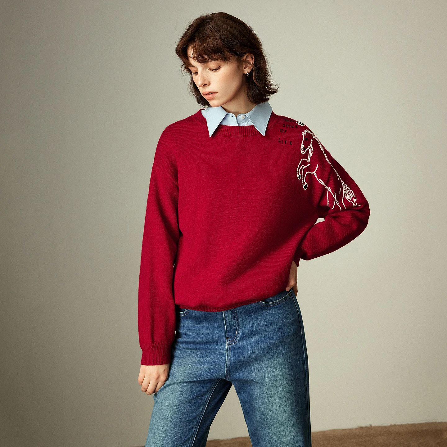 TOYOUTH Women's Arctic Fleece Thick Sweater 2025 Winter New New Year Red Letter & Horse Embroidery Crew Neck Top