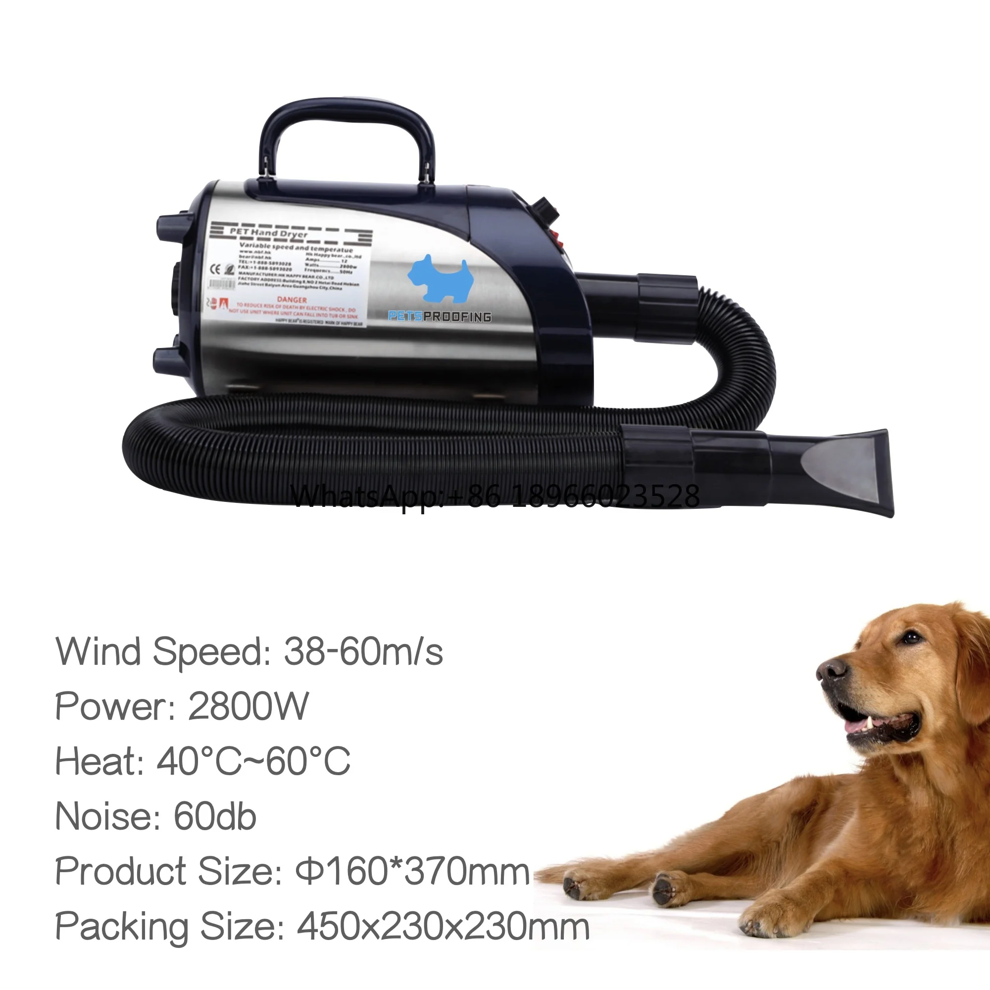 Petsproofing Portable Upgraded Dog Blow Dryer Dog Hair Dryer Adjustable Speed Pet Hair Grooming Blower