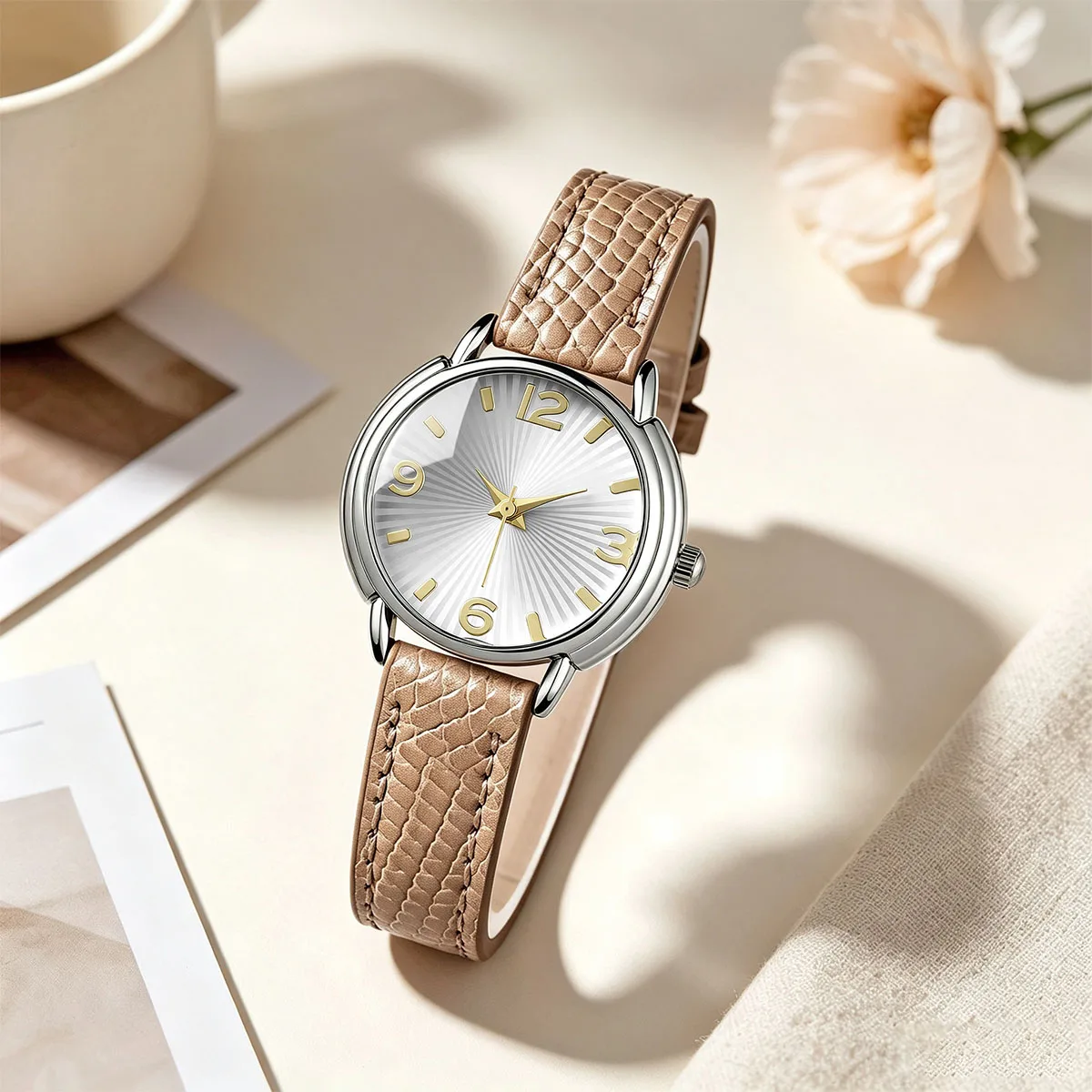 Elegant Ladies Silver Round Quartz Watches White Sunray Dial Gold Numerals Crocodile Leather Band Women Watches
