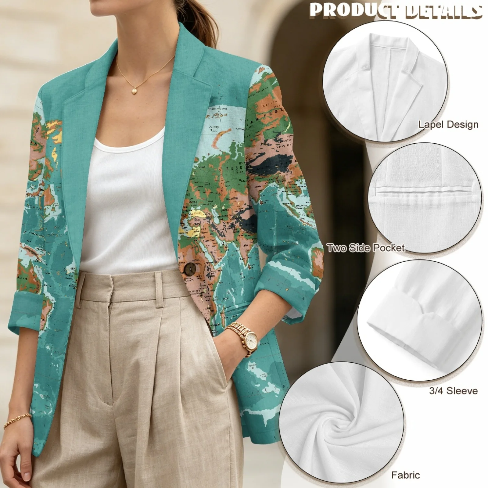 PENSTROLL Map Design Linen Like Open Front Tops Work Cardians for Womens 3/4 Sleeve Beach Coverups view 5