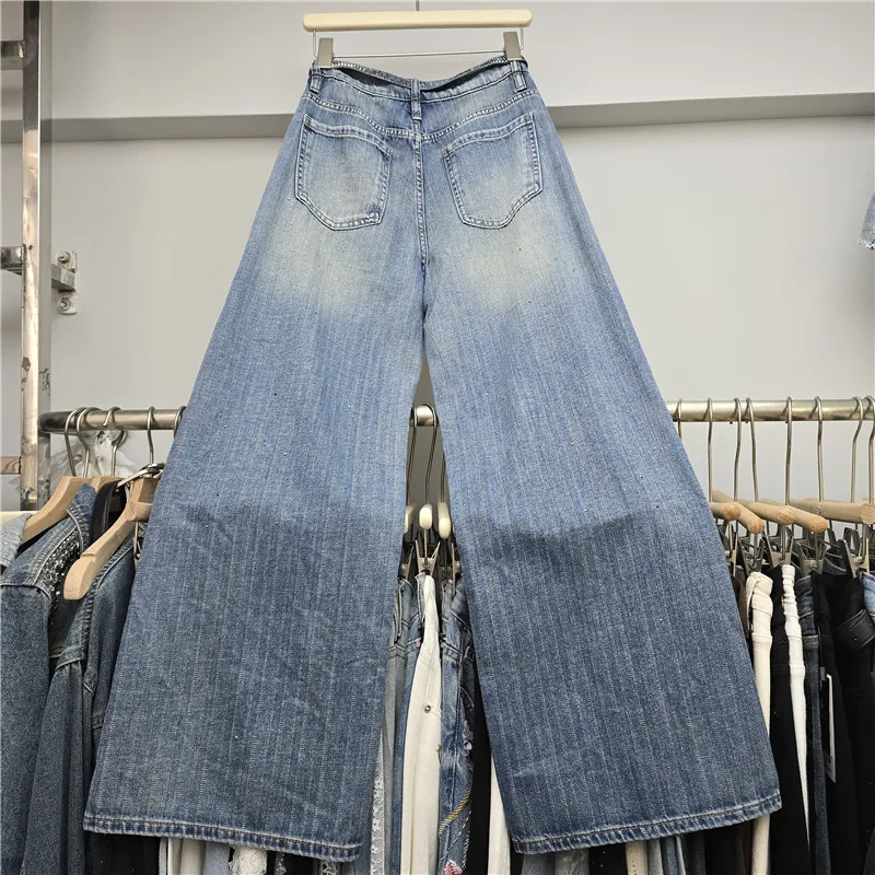 2026 New Autumn Blue Hot Diamonds Women Denim Trousers All-match Mopping Floor High Waist Wide Leg Jeans Casual Straight Pants
