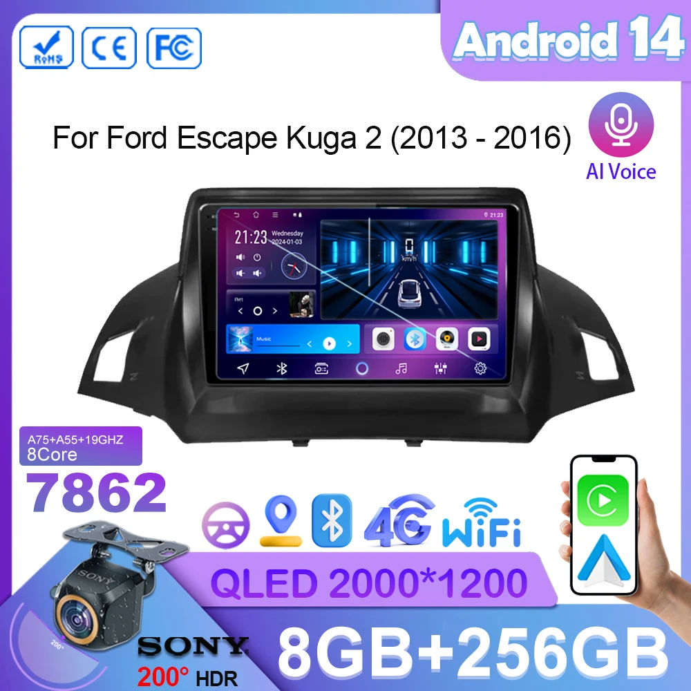 

Car Radio For Ford Escape Kuga 2 2013 - 2016 Android 13 5G wifi Stereo Multimedia Player GPS Navigation Wireless Carplay 2din