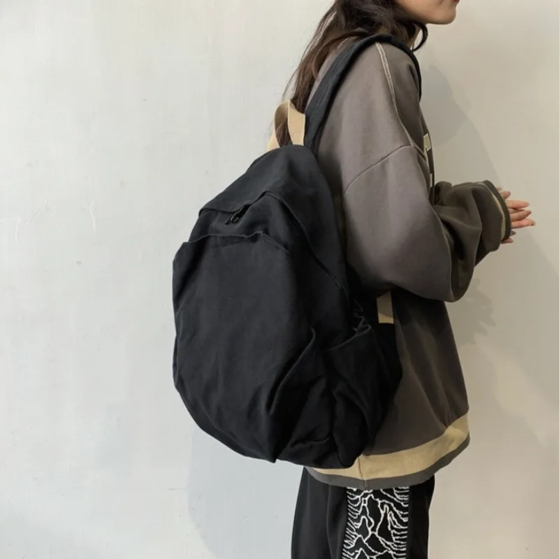 New Backpack Fashion Solid Color Casual Simple Large Capacity Zipper Schoolbag Japanese Style Students Rucksack Trend Design