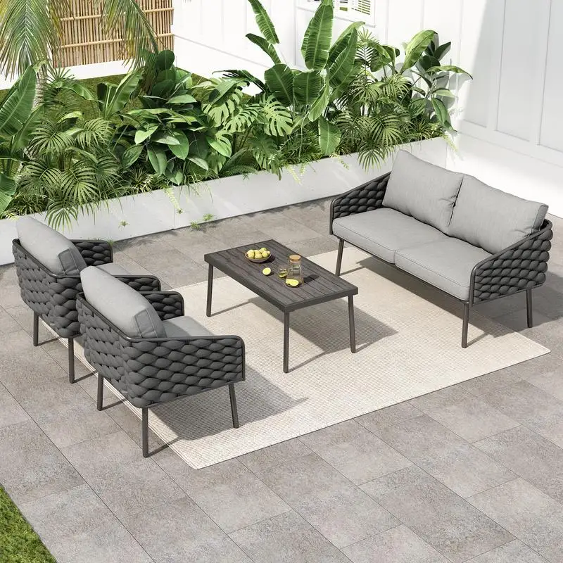 

4-Piece Outdoor Metal Patio Furniture Set, 4-Seat Sofa with Cushions, Modern Deep Seating for Garden, Balcony, Porch, Grey