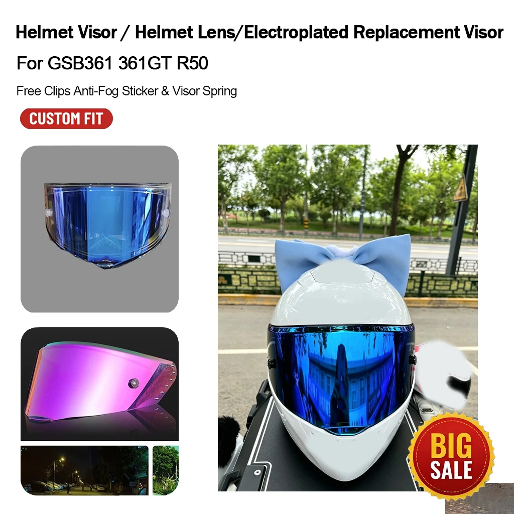 Motorcycle Helmet Visor Aurora Silver Electroplated Lens For GSB361 361GT  R50, Free Clips Anti-Fog Sticker & Visor Spring