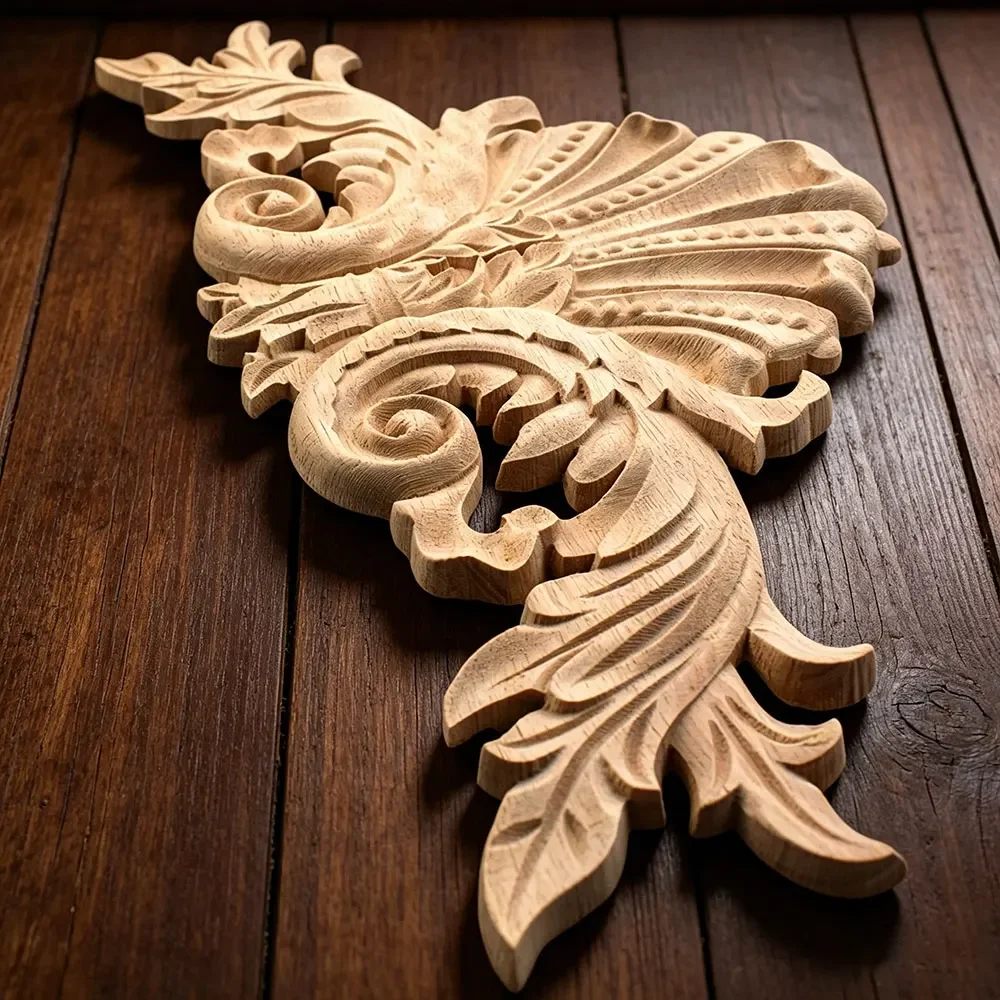 Wood Appliques Furniture Decor Cabinet Door Irregular Wooden Mouldings Flower Carving Figurine Crafts Miniatures Decorative