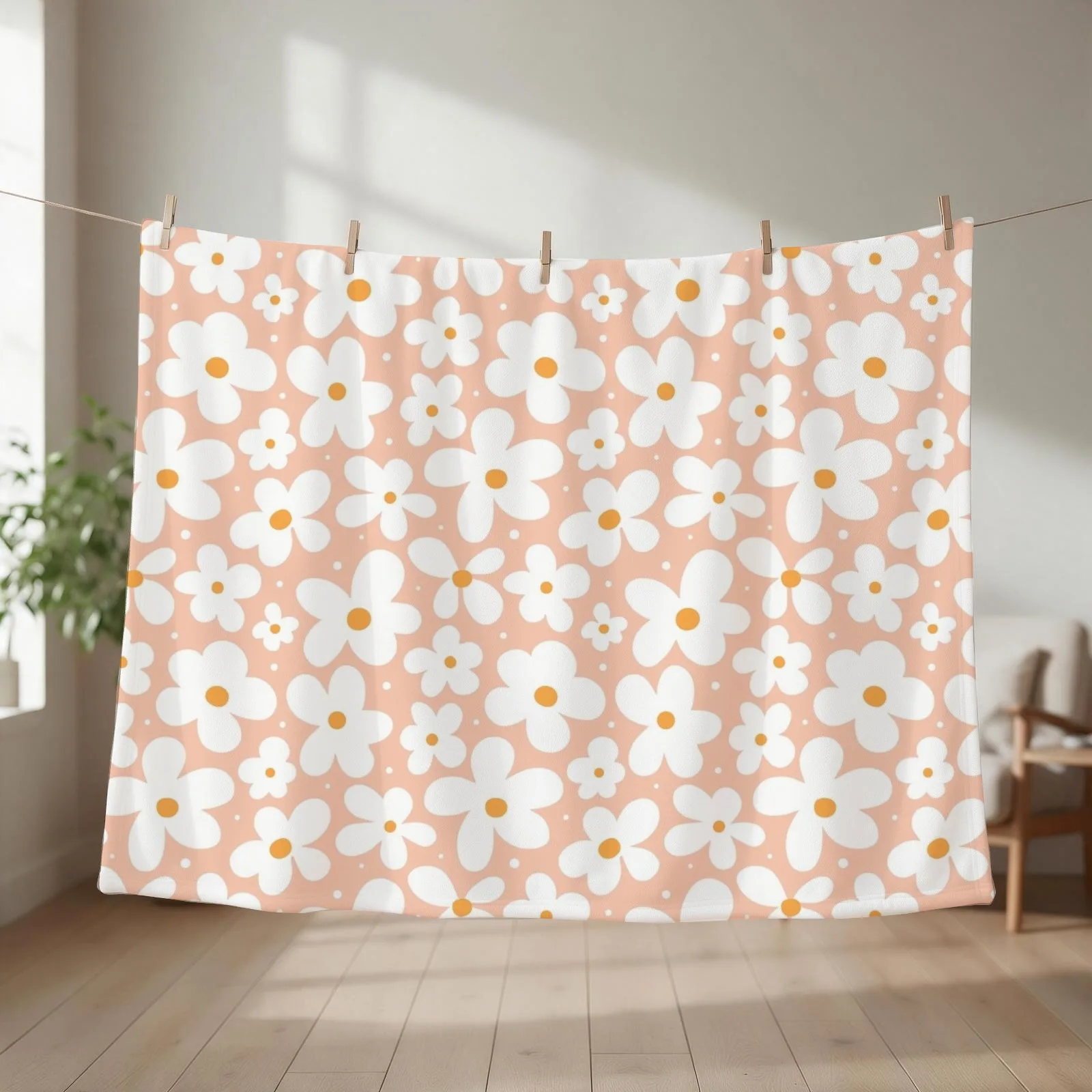 Groovy Daisies Floral Retro Daisy Pattern Blush Pink Throw Blanket couch cozy soft plush fuzzy picnic outdoor blanket