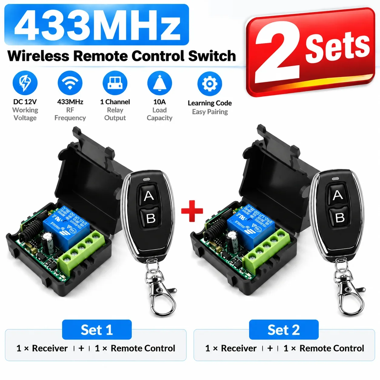 2 Sets 433MHz Wireless Remote Control Switch Kit 1 Channel RF Transmitter Receiver Module for DC 12V Automation