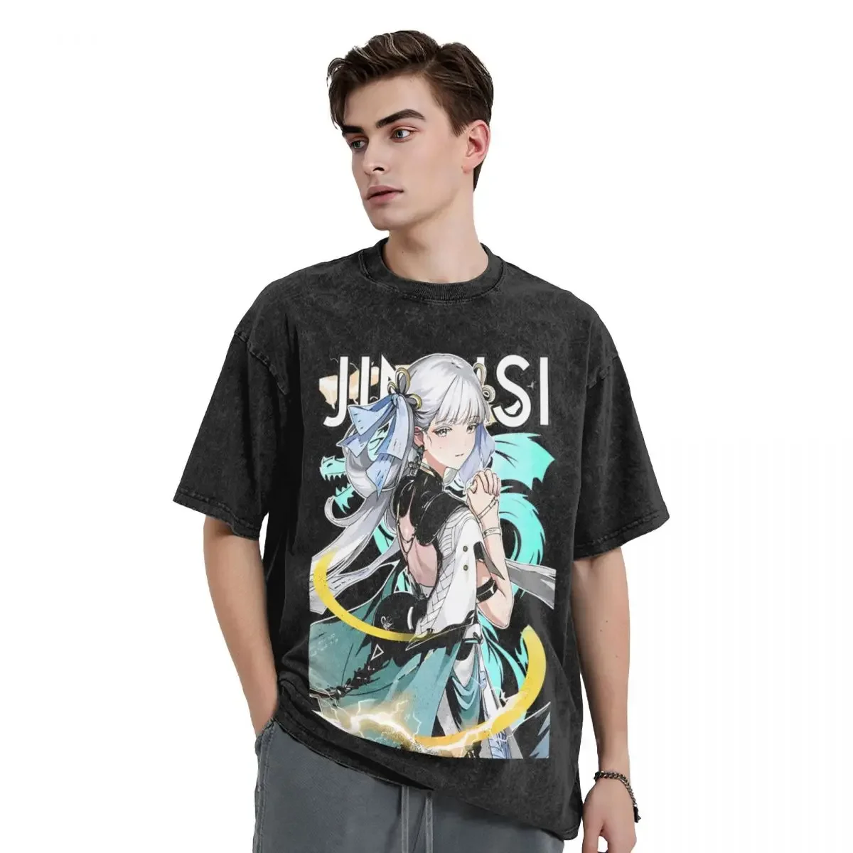 NG Washed T Shirt Wuthering Waves Jinhsi Vintage Harajuku Anime Game Streetwear Cotton Summer Tops Tee Shirt for Men Women