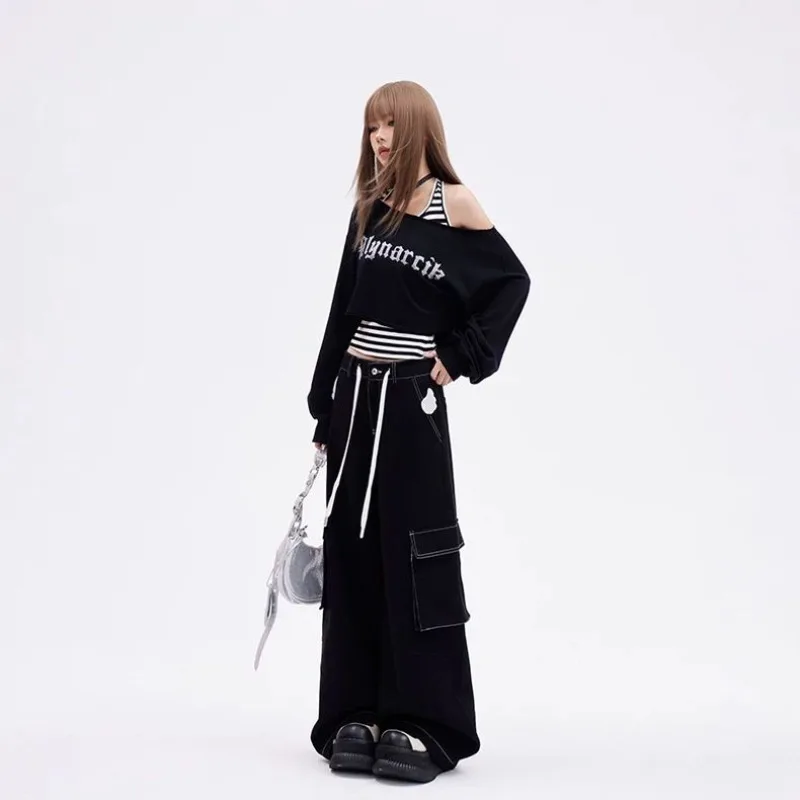Deeptown Black Cropped Sweatshirts Women Y2k Off Shoulder 2000s Aesthetic Striped Two Pieces Sets Lace Up Gyaru Streetwear Retro