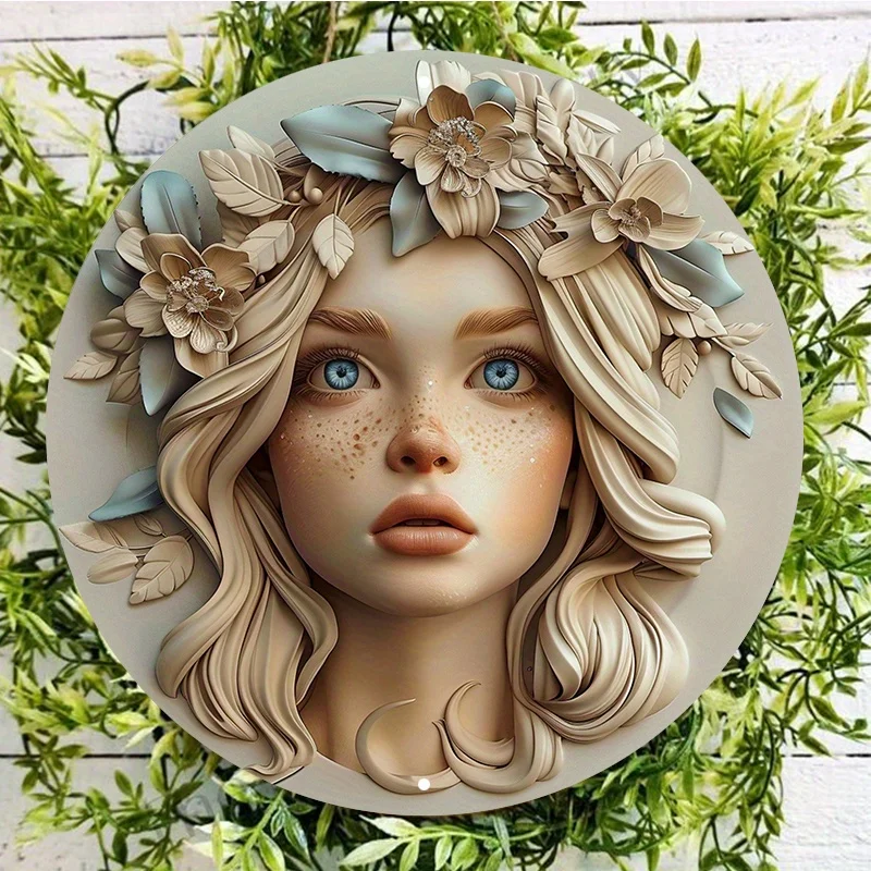 

Round Aluminum Metal Sign Wall Decor with Floral Wreath and Hair Details, Decorative Door Hanger, Wall Poster, 8in, 11.8in, 1PC
