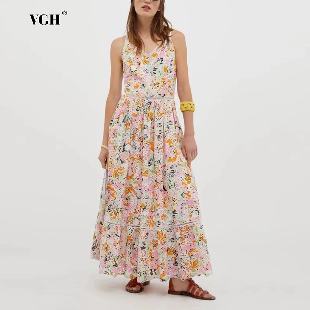 

VGH Bohemian Colorblock Printed Dress for Women V Neck Sleeveless High Waist Patchwork Hollow Out Loose Midi Dresses Female New