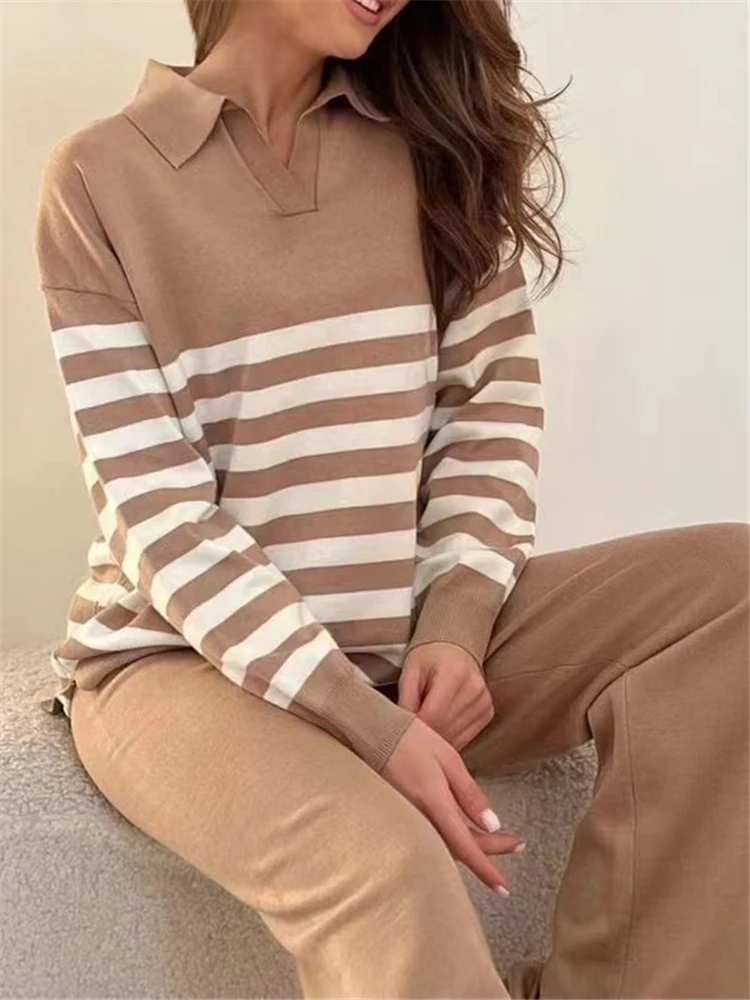 REALEFT Autumn Winter 2 Pieces Women\'s Sets Knitted Tracksuit Striped Polo Collar Sweater and Jogging Harem Pants Outfit Suits