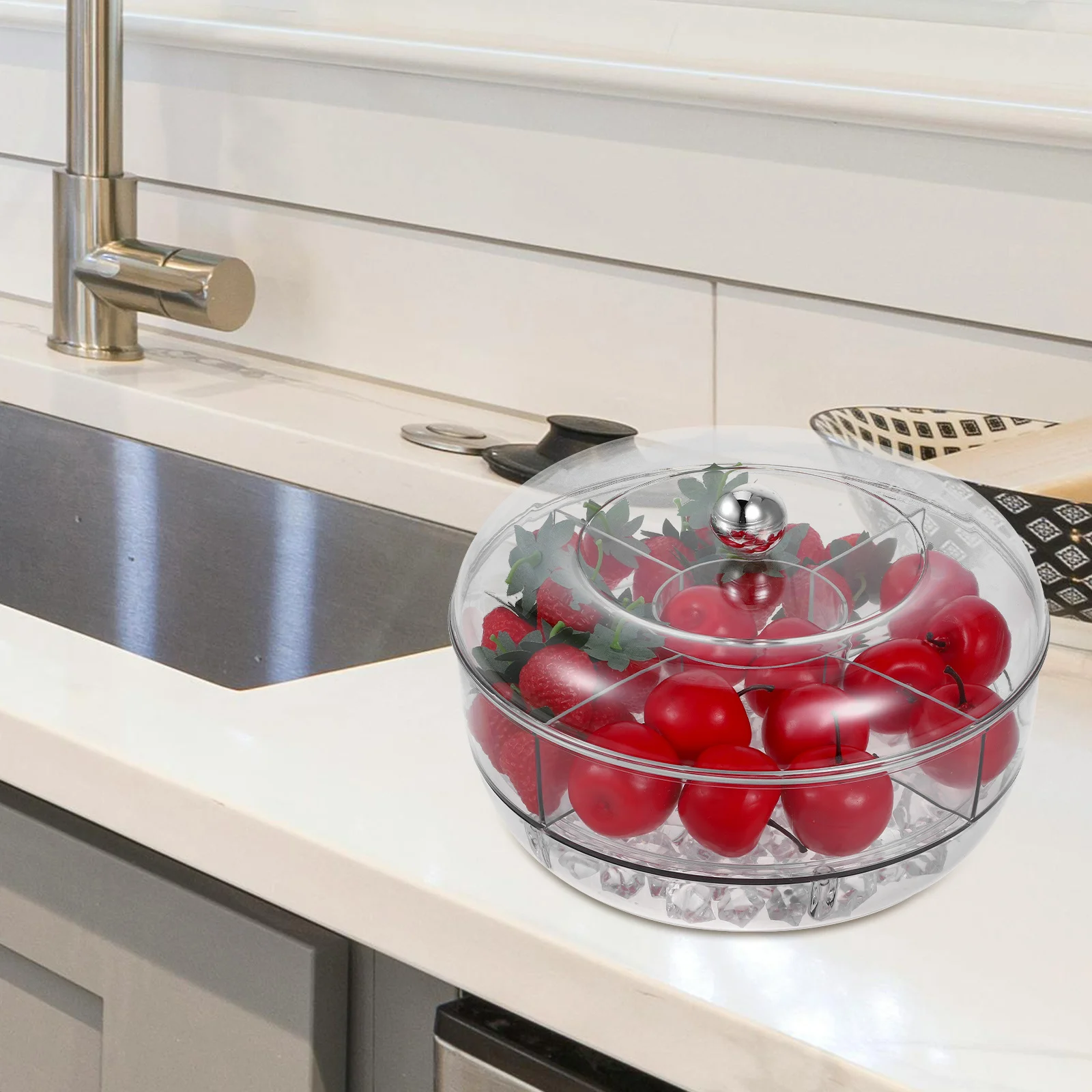 

Fruit Serving Tray With Lid Round Rotating Snack Container Ice Layer Compartment ° Rotation Chilled Storage For