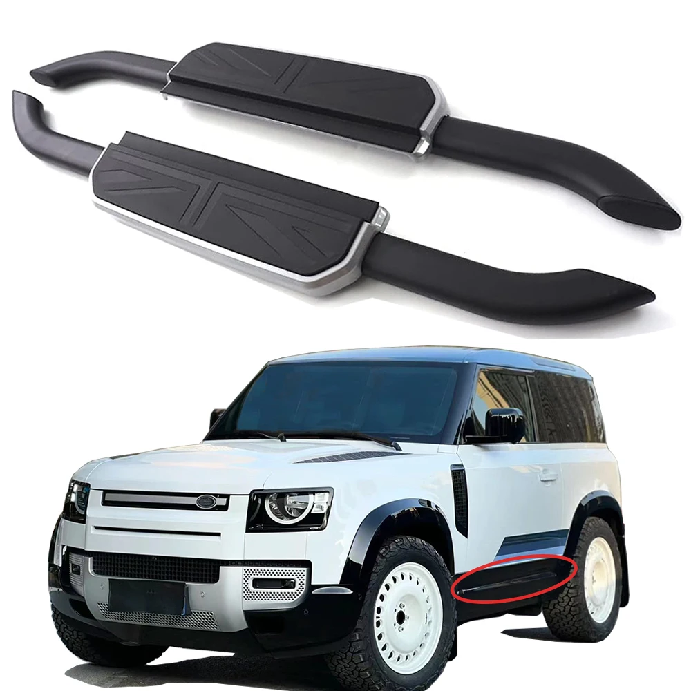 2pcs Side Step fit for Land Rover Defender 90 2020-2024 L663 2door Running Board Pedal Rail Board (Silver Frame Flag Style)