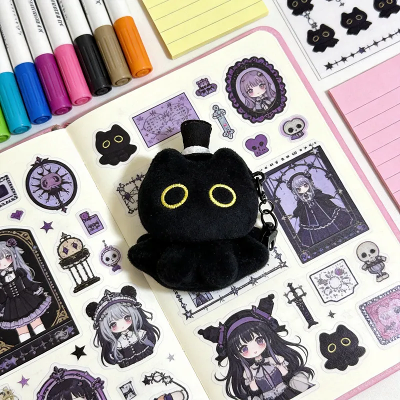 Kawaii Big Yellow Eyes Black Cat Plush Charm, Soft Fluffy Mini Stuffed Keyring for Gothic Journal Decor  Gifts.