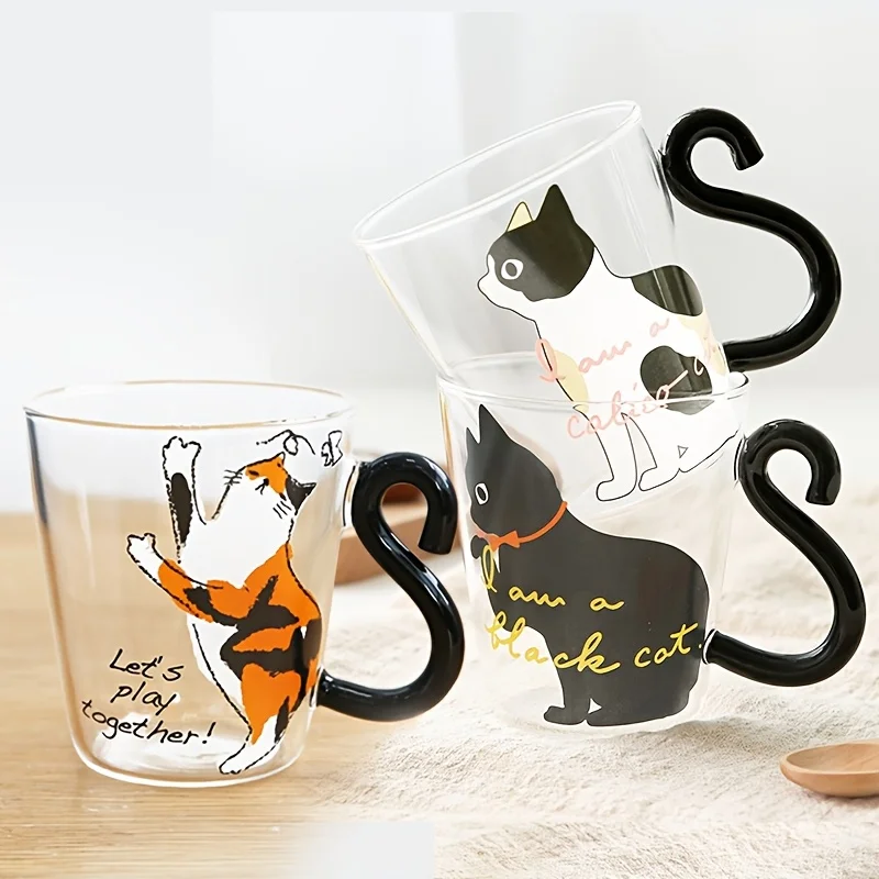 

250ml Transparent Glass Cat Mug with Handle Microwave Safe Cute Milk Cup for Students Breakfast