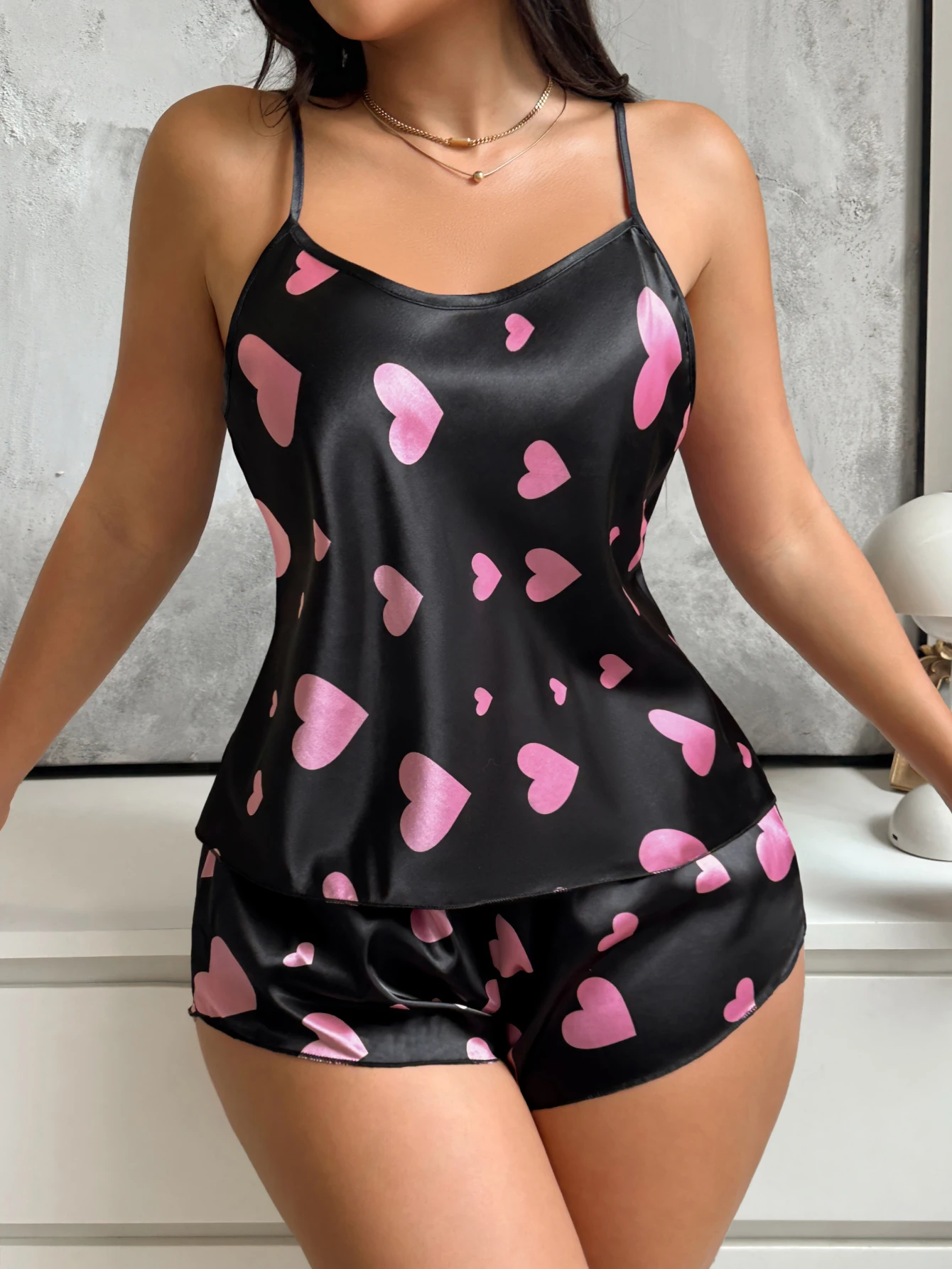 Summer Women Heart Print Satin Pajama Set Halter Round Neck Camisole Top Short Pants 2 Piece Casual Comfortable Ladies Sleepwear view 3