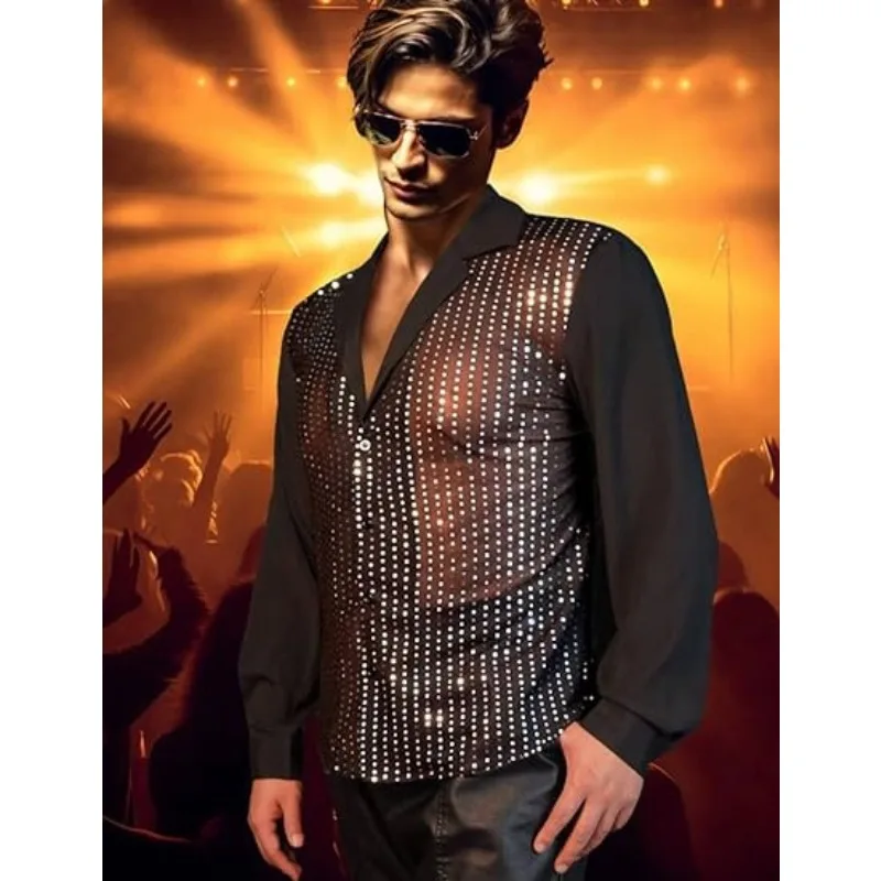 New Sequined Men's Long-sleeved Shirt Performance Nightclub Men's Shirt