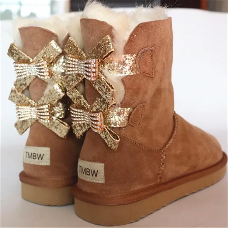 2023 Fashion Two Bows Real Sheepskin Women\'s Winter Woman Snow Boots Mid Calf Genuine Sheepskin Women Boots Women Shoes